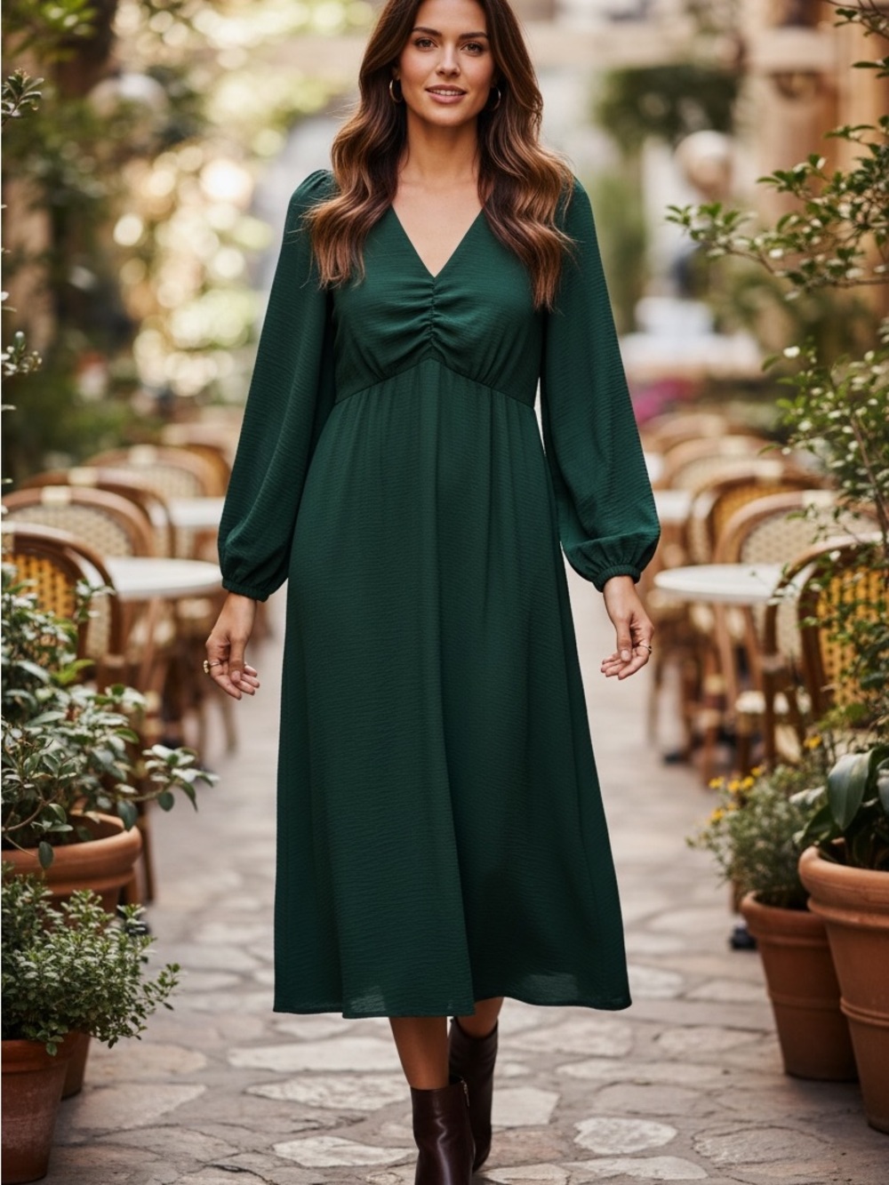 Zara Forest Green V-Neck Midi Dress with Long Sleeves